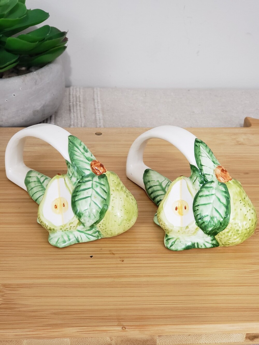 Ceramic Pear Napkin Rings Set of 2 Majolica Fruit Table Decor